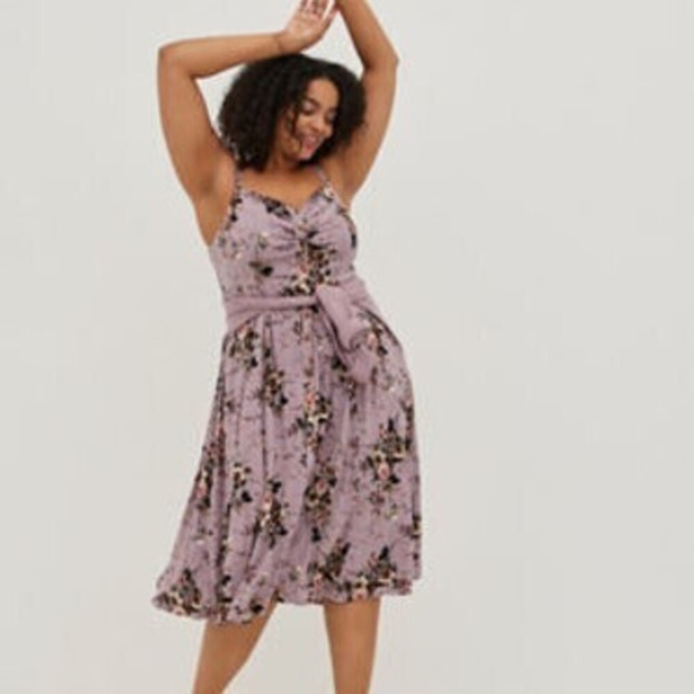 Button Front Midi Dress - Floral Purple